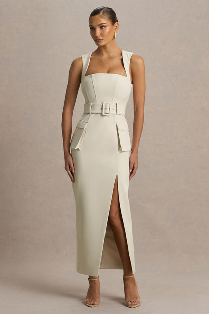 Sandra | Nude Square-Neck Tailored Maxi Dress With Front-High Split
