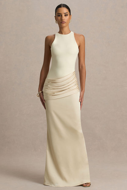 Akari | Champagne High-Neck Maxi Dress With Satin Skirt