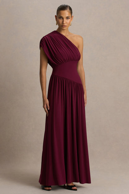 Kelsey | Burgundy Asymmetric-Neck Maxi Dress With Ruched Detailing