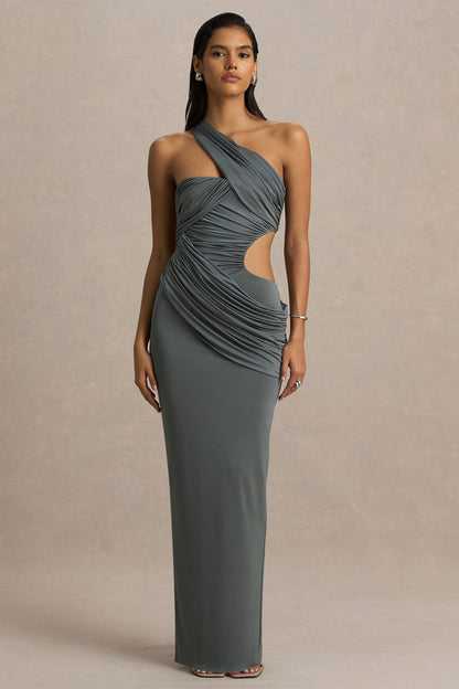 Serefine | Grey Asymmetric-Neck Maxi Dress With Body Cut-Out