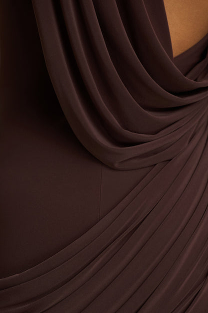 Elisa | Brown Asymmetric-Neck Maxi Dress With Open-Back And Ruched Detailing