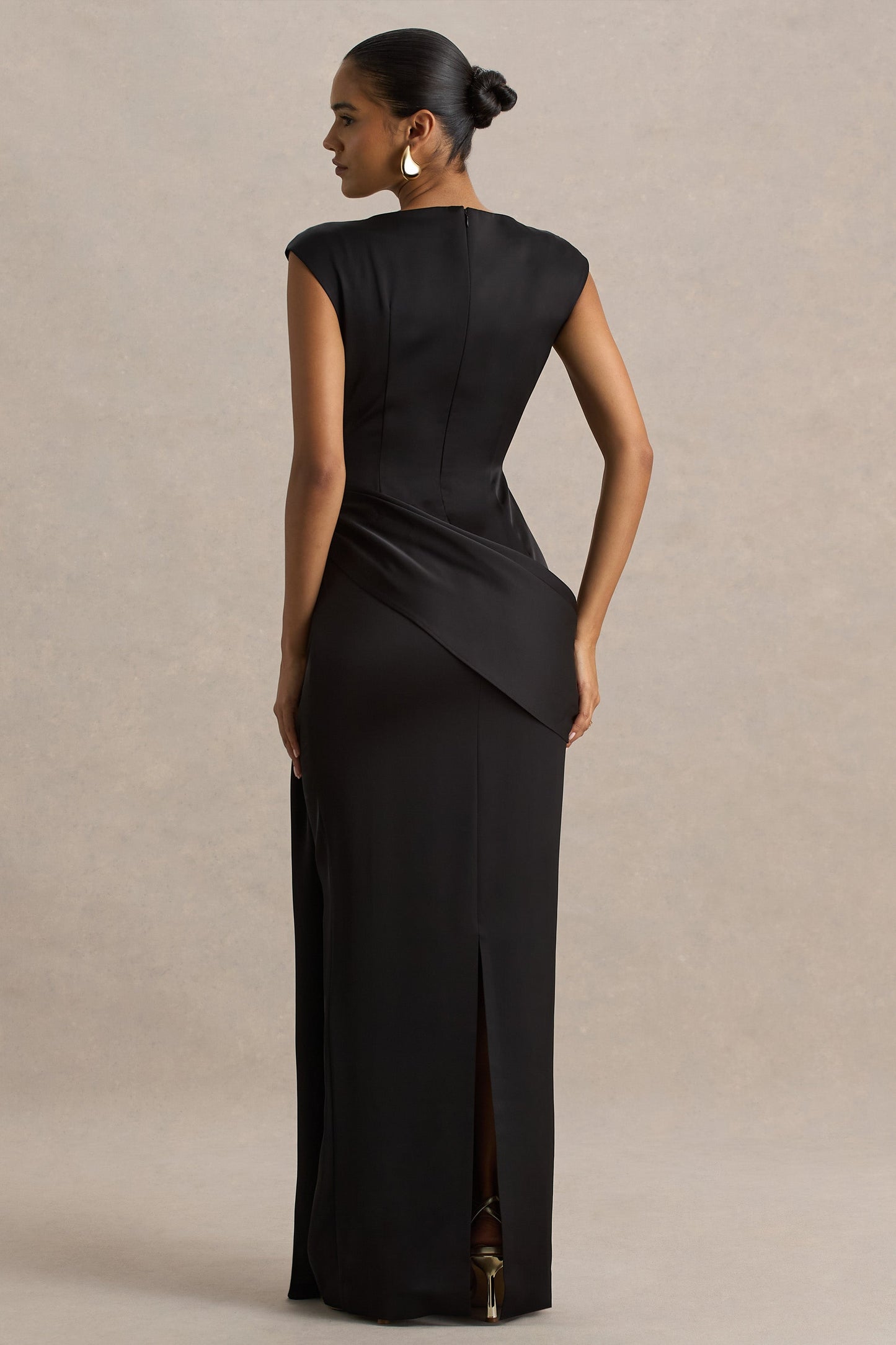 Influence | Black Satin Slashed-Neck Maxi Dress With Embellished and Ruched Details