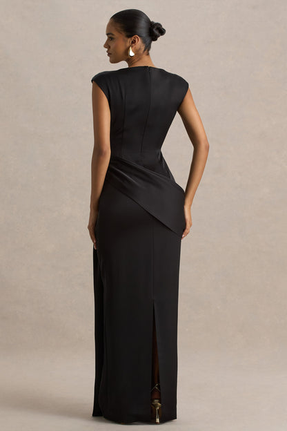 Influence | Black Satin Slashed-Neck Maxi Dress With Embellished and Ruched Details