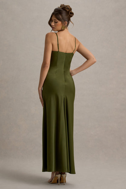 Eimear | Olive Green Satin Draped Sweetheart Maxi Dress