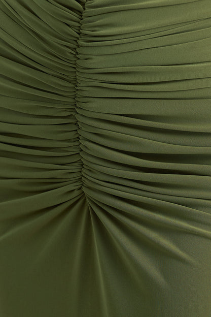 Premiere | Olive Boat-Neck Maxi Dress With Cape-Sleeves And Open-Back