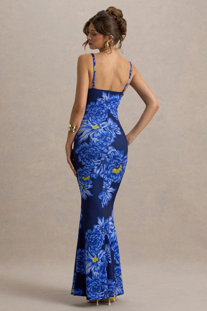 Farah | Blue Floral Print Plunge Neck Maxi Dress With Split Detail