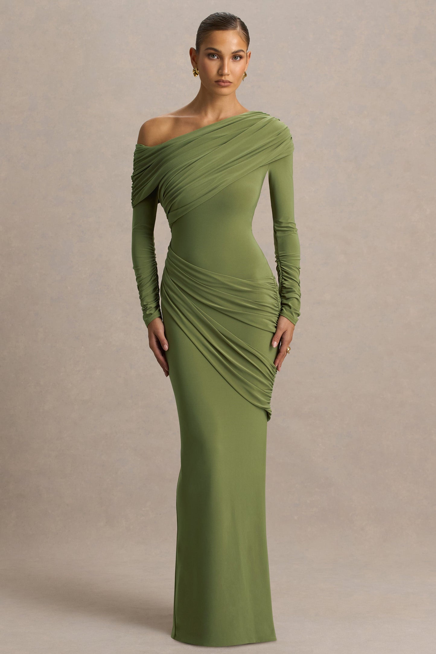 Perrie | Olive Asymmetric-Neck Maxi Dress With Ruched Detailing