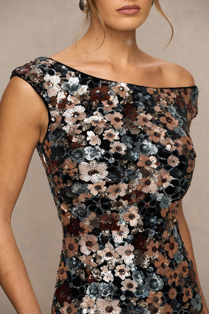 Electric | Black Sequin Floral Velvet Asymmetric-Neck Maxi Dress