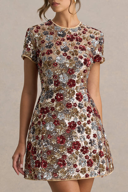 Eira | Red Floral Sequin Crew-Neck Mini Dress