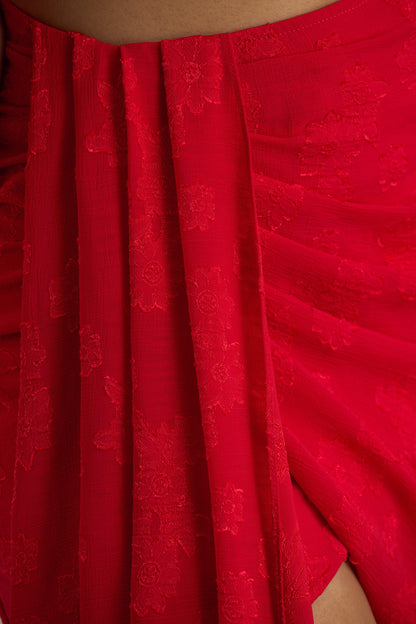 Melania | Red Satin Devore Wrap Mini Skirt With Sash Detail