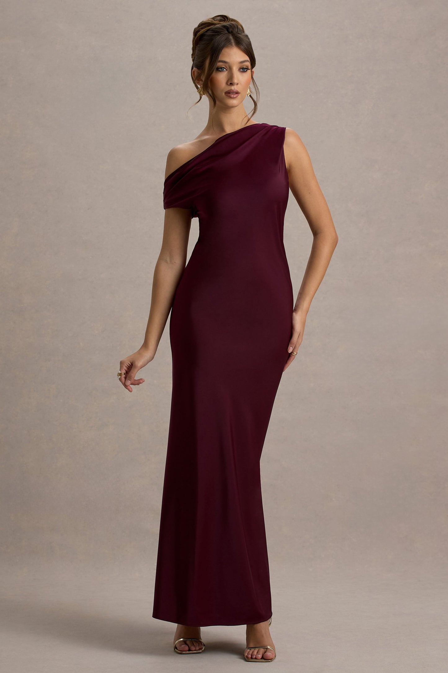 Isolde | Burgundy Satin One-Shoulder Maxi Dress