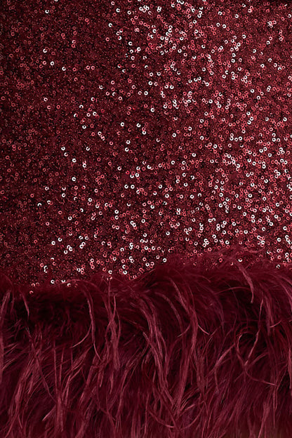 Rosalinda | Burgundy Sequin Square-Neck Mini Dress With Feather Trim