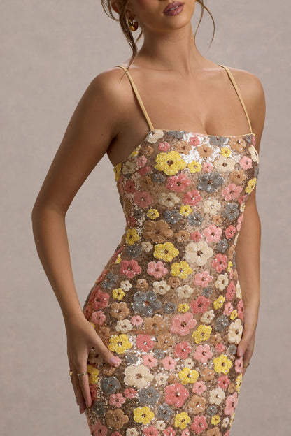 Vitora | Pastel Floral Print Sequin Square-Neck Maxi Dress