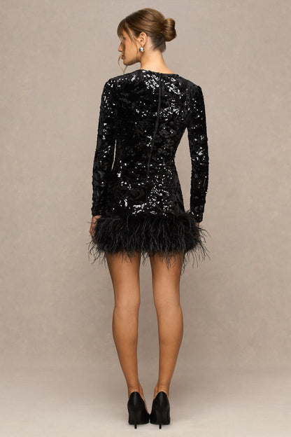 Stardust | Black Sequined Velvet Crew-Neck Mini Dress With Feather Trim
