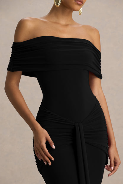 Envisioned | Black Bardot-Neck Maxi Dress With Gathered And Drape Detail