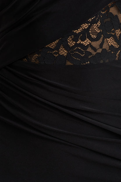 Melody | Black Asymmetric-Neck Maxi Dress With Lace Detailing And Front-High Split