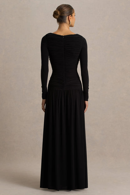 Aniyah | Black High-Neck Maxi Dress With Ruched Detailing