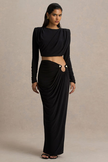 Avaline | Black Wrap Maxi Skirt With Ruched Detailing