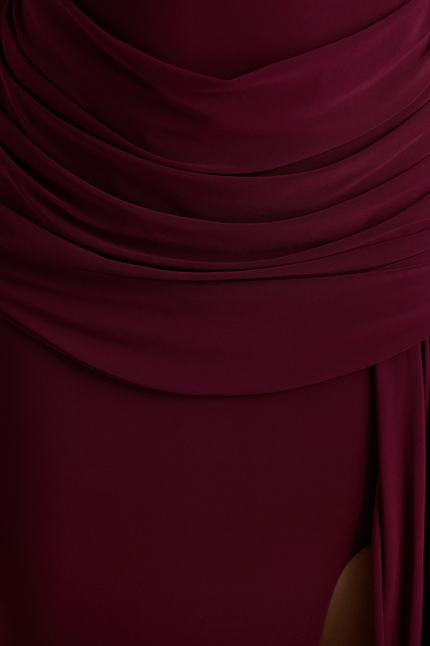 Dynasty | Burgundy Asymmetric-Neck Maxi Dress With Ruched Detailing And Front High-Split