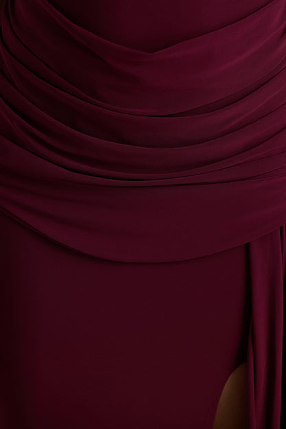 Dynasty | Burgundy Asymmetric-Neck Maxi Dress With Ruched Detailing And Front High-Split