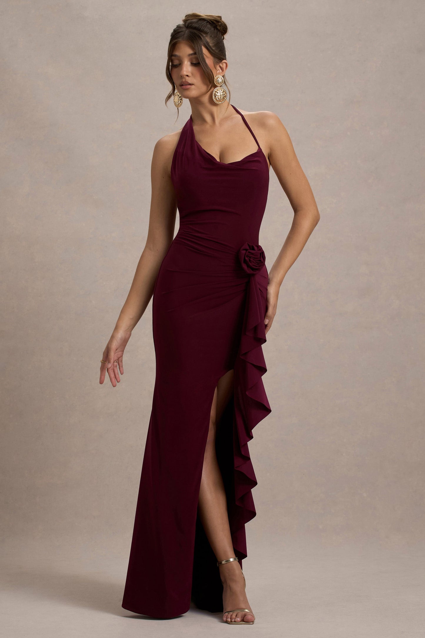Lucena | Burgundy Cowl-Neck Wrap Maxi Dress With Floral Drape