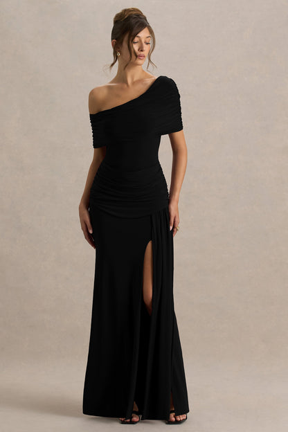 Dynasty | Black Asymmetric-Neck Maxi Dress With Ruched Detailing And Front High-Split