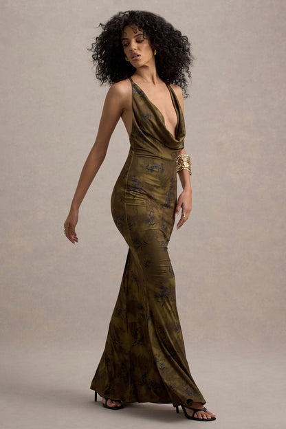 Allana | Yellow Floral Print Cowl-Neck Open-Back Maxi Dress