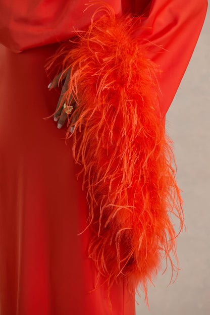 Felicity | Orange Satin Asymmetric-Neck Maxi Dress With Feather and Ruching Details