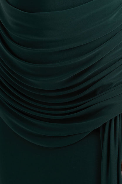 Dynasty | Dark Green Asymmetric-Neck Maxi Dress With Ruched Detailing And Front High-Split