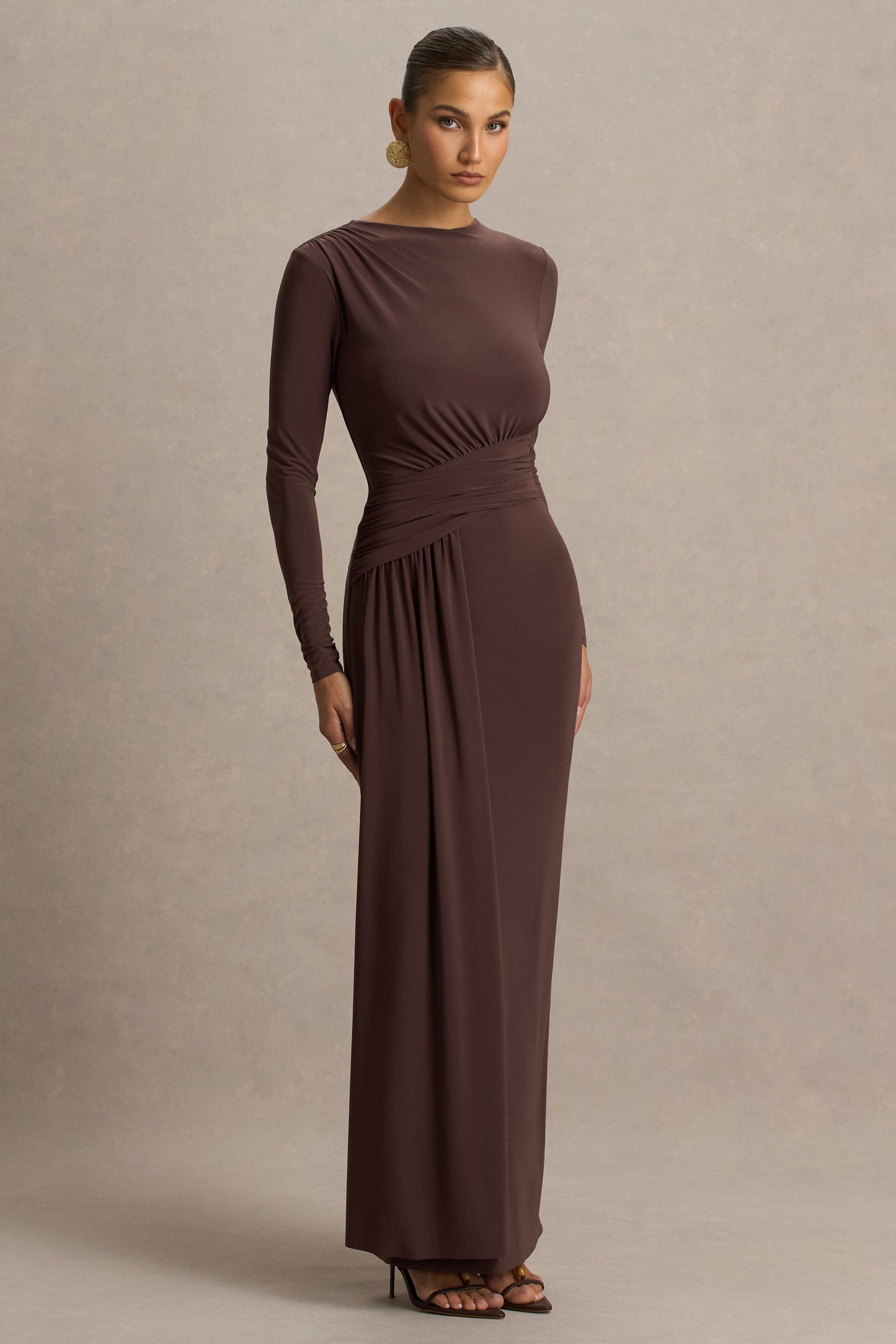 Virelle | Brown Boat-Neck Maxi Dress With Wrap Detail And Sash