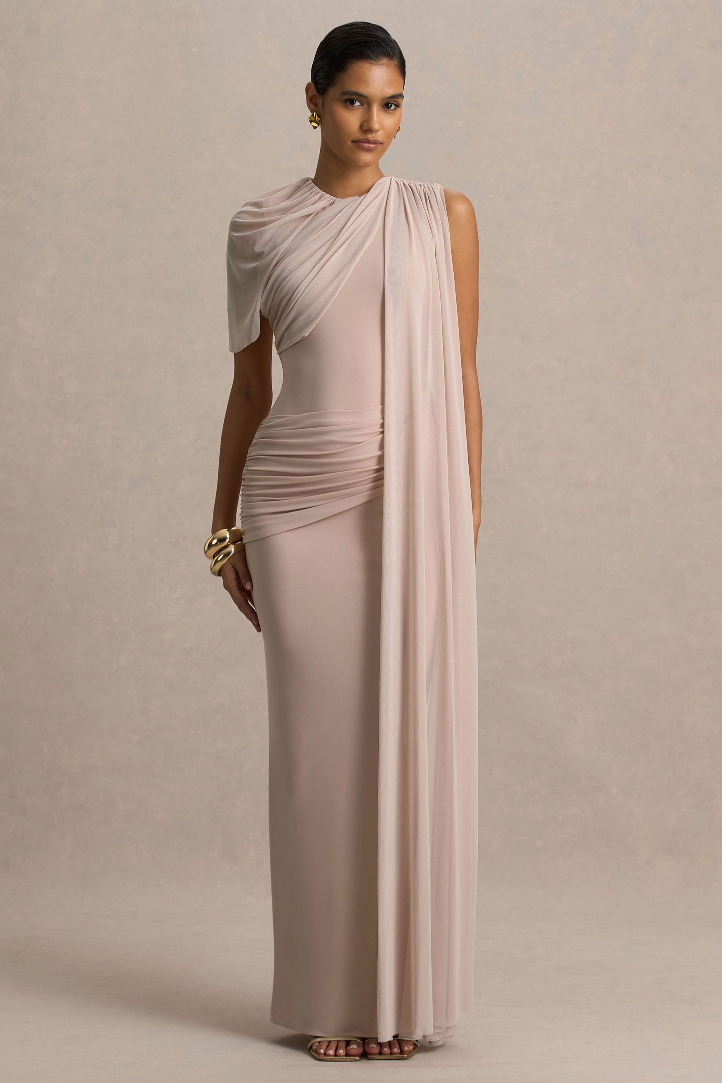 Brenda | Champagne Maxi Dress With Mesh Cape And Sash