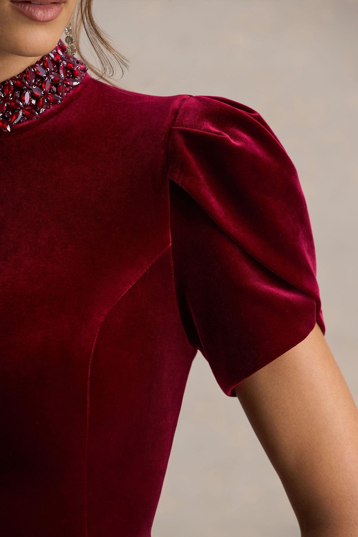 Margot | Burgundy High-Neck Velvet Mini Dress With Embellished Detail