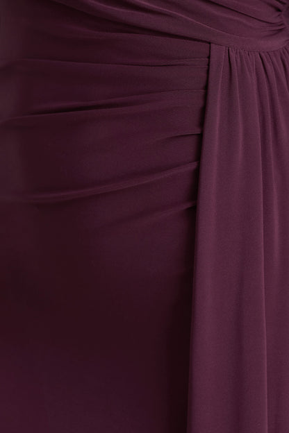 Anticipation | Burgundy High-Neck Maxi Dress With Front Split And Ruched Detailing