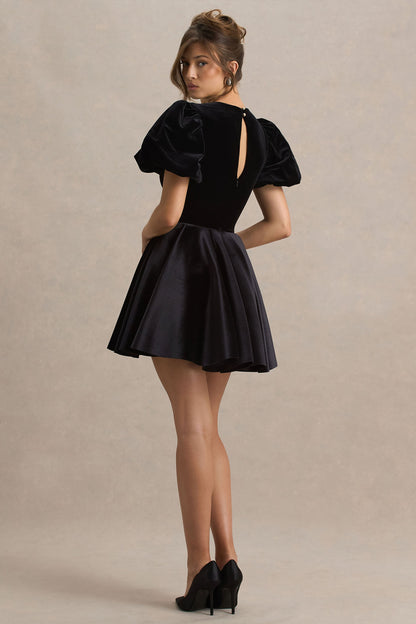 Priya | Black Velvet Mini Dress With Puff Sleeves