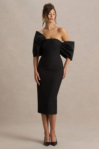 Lucille | Black Asymmetric Bardot Midi Dress