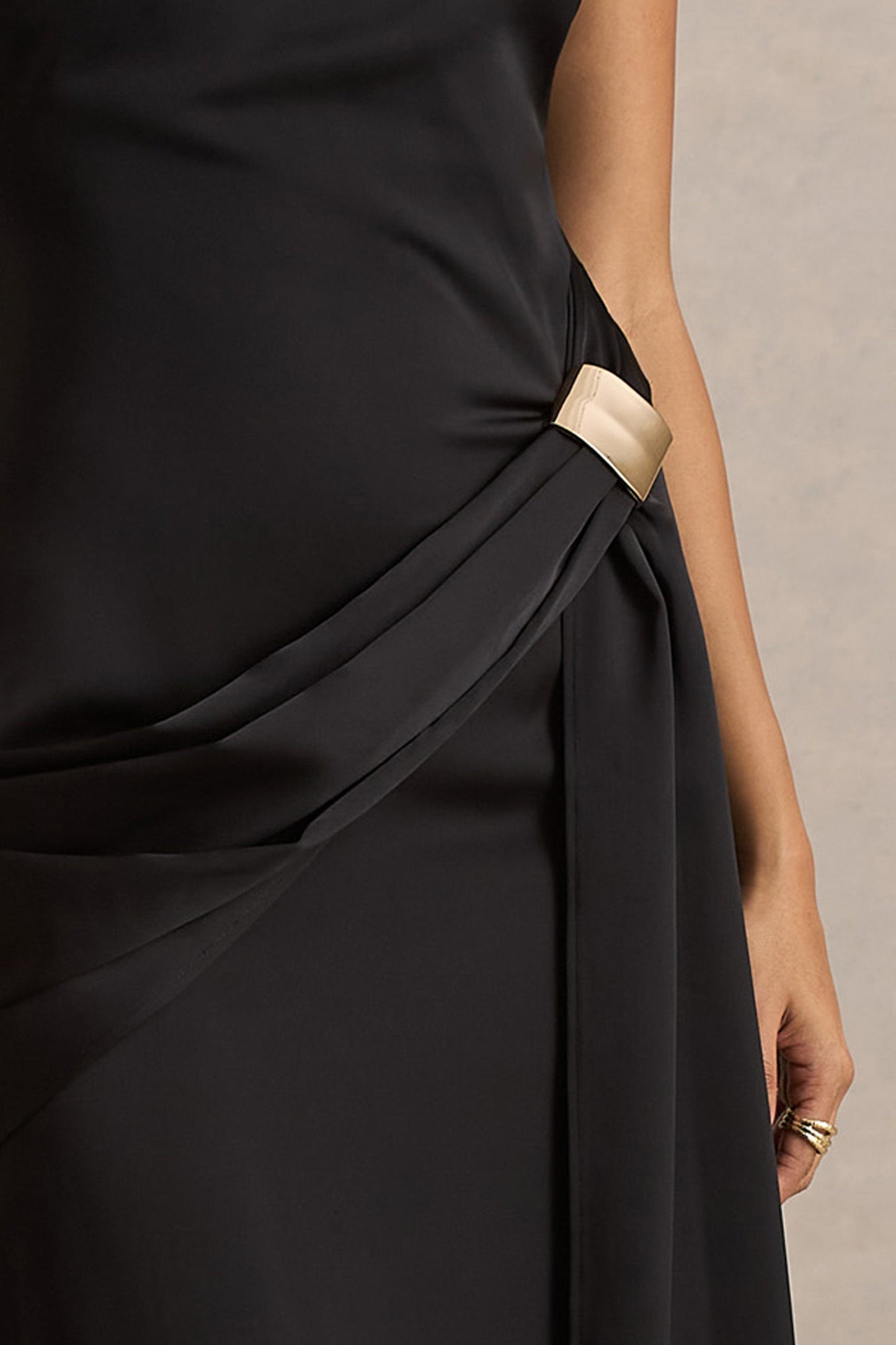 Influence | Black Satin Slashed-Neck Maxi Dress With Embellished and Ruched Details