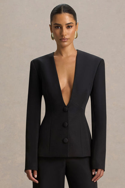 Rosalina | Black Extreme-Plunge Neck Tailored Blazer