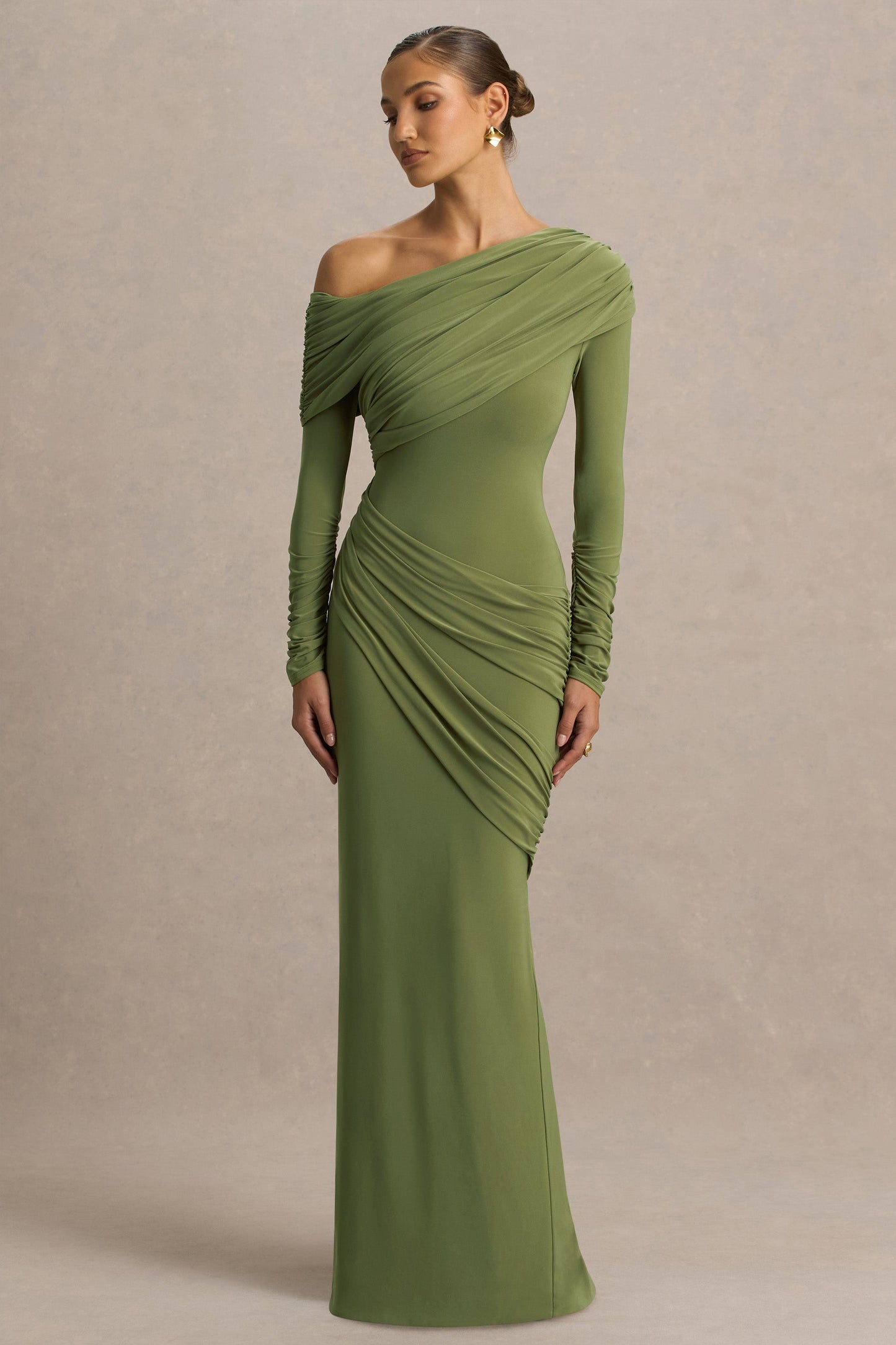 Perrie | Olive Asymmetric-Neck Maxi Dress With Ruched Detailing