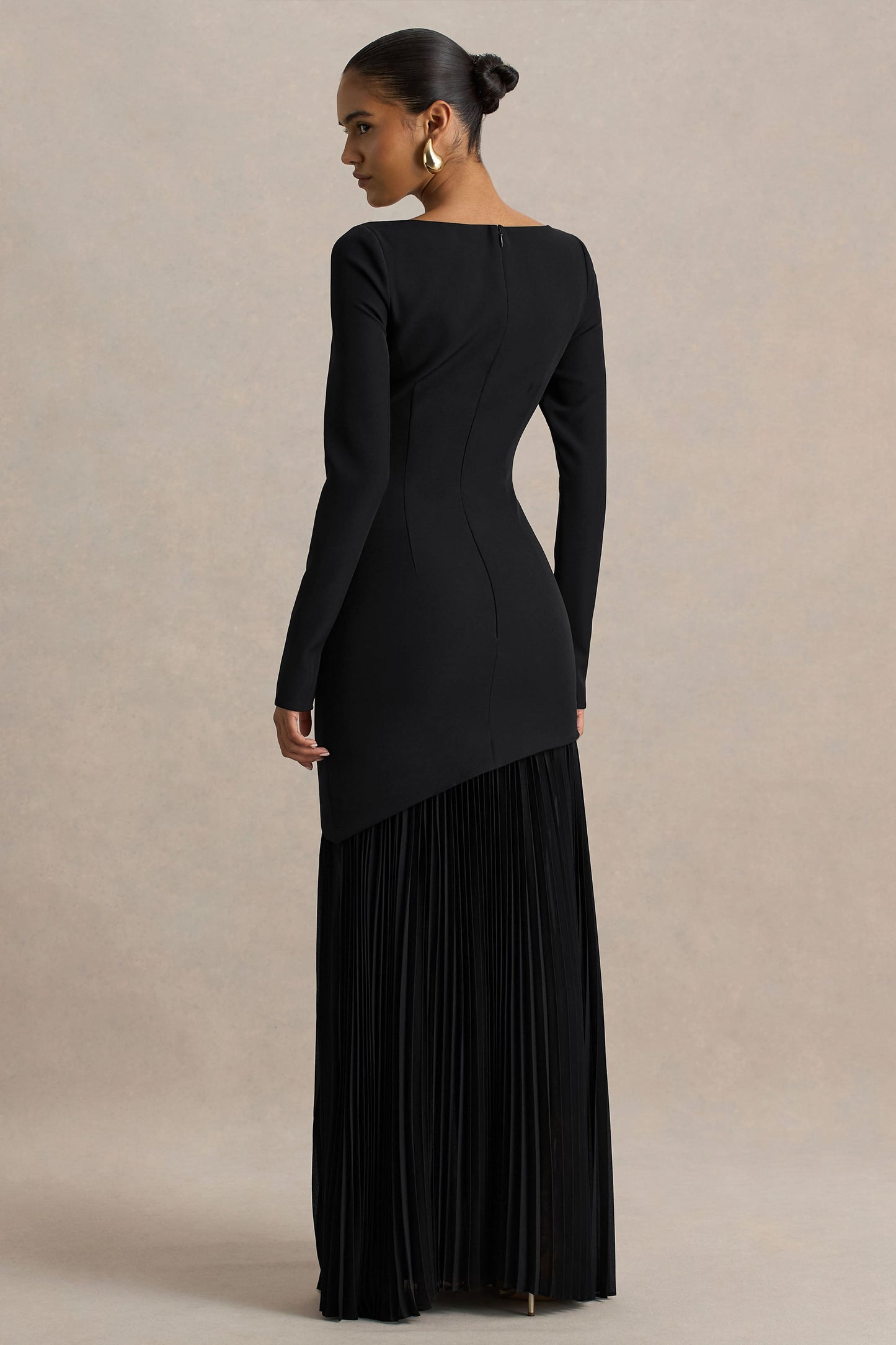 Yanira | Black Crepe And Georgette Crew-Neck Maxi Dress With Drop Waist