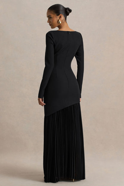 Yanira | Black Crepe And Georgette Crew-Neck Maxi Dress With Drop Waist