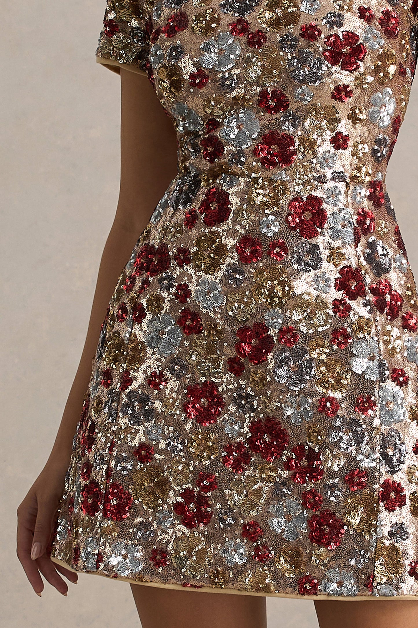 Eira | Red Floral Sequin Crew-Neck Mini Dress