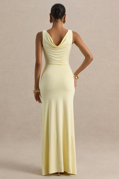 Pure Affection | Pale Lemon Cowl-Neck Maxi Dress With Ruched Detailing And Front High Split