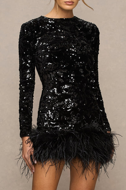 Stardust | Black Sequined Velvet Crew-Neck Mini Dress With Feather Trim