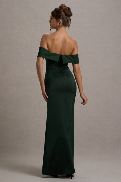 Martine | Bottle Green Satin Bardot Wrap Maxi Dress