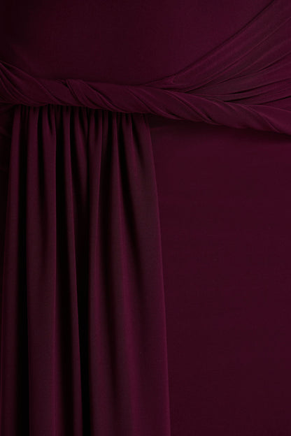 Tulisa | Burgundy Asymmetric-Neck Maxi Dress With Twist Sleeves And Ruched Detailing