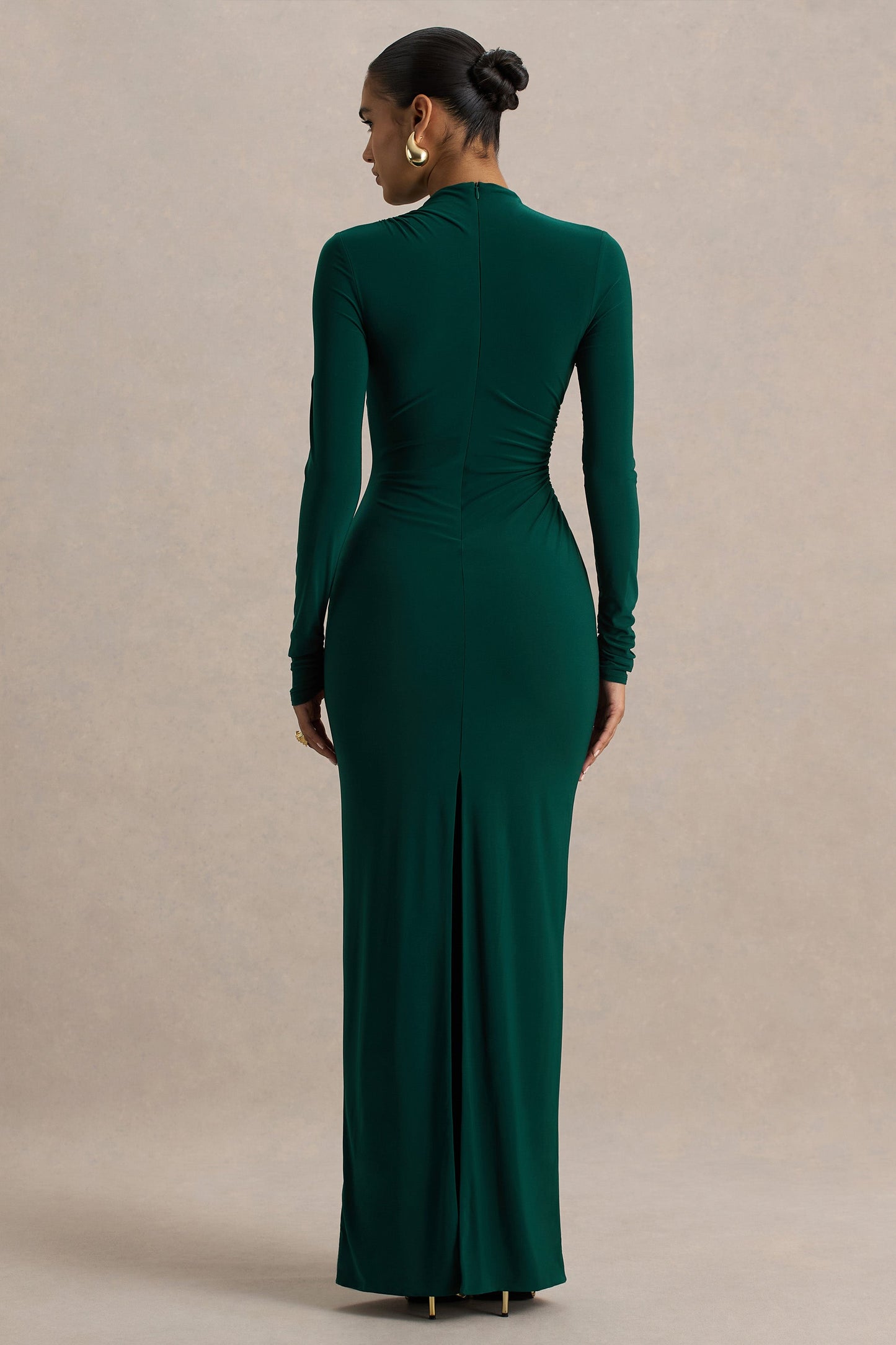 Eden |  Bottle Green High-Neck Maxi Dress With Ruched Detailing