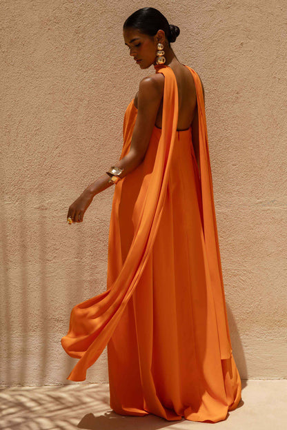 Cerise | Orange High-Neck Maxi Dress With Open-Back