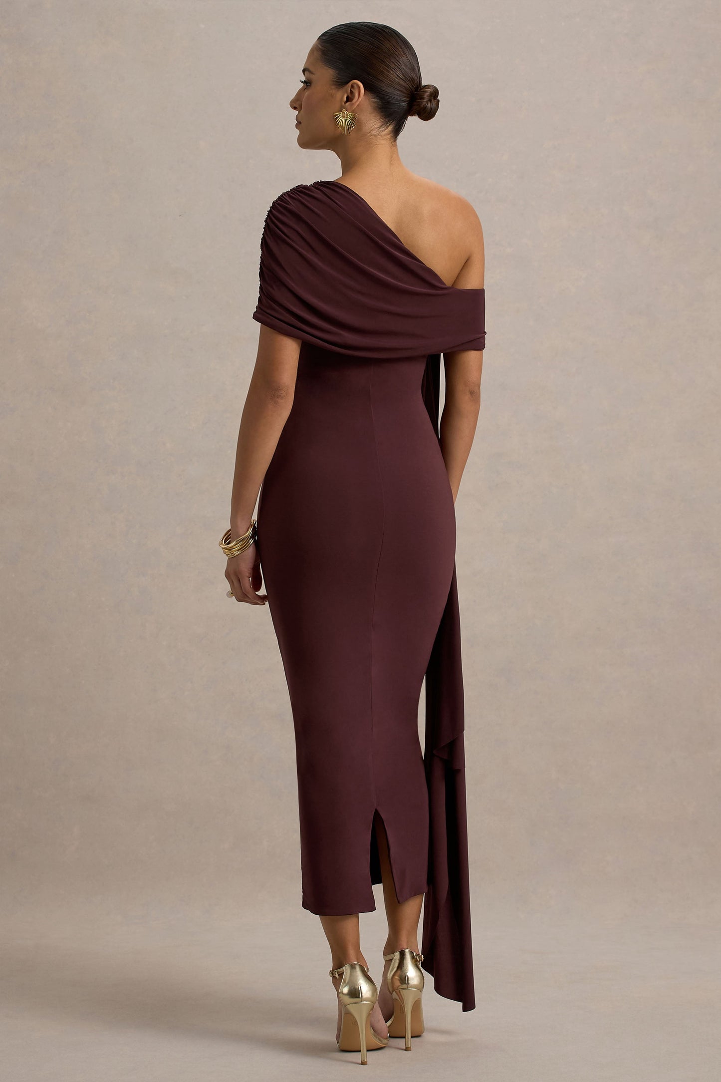 Praia | Burgundy Asymmetric-Neck Midi Dress With Sash and Draped Detailing