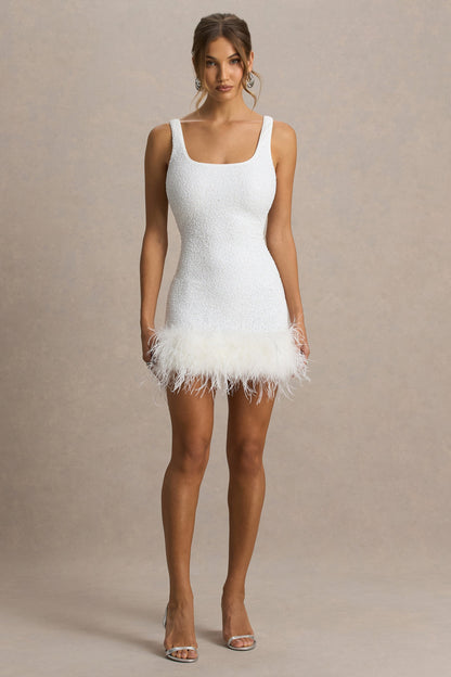 Rosalinda | White Sequin Square-Neck Mini Dress With Feather Trim