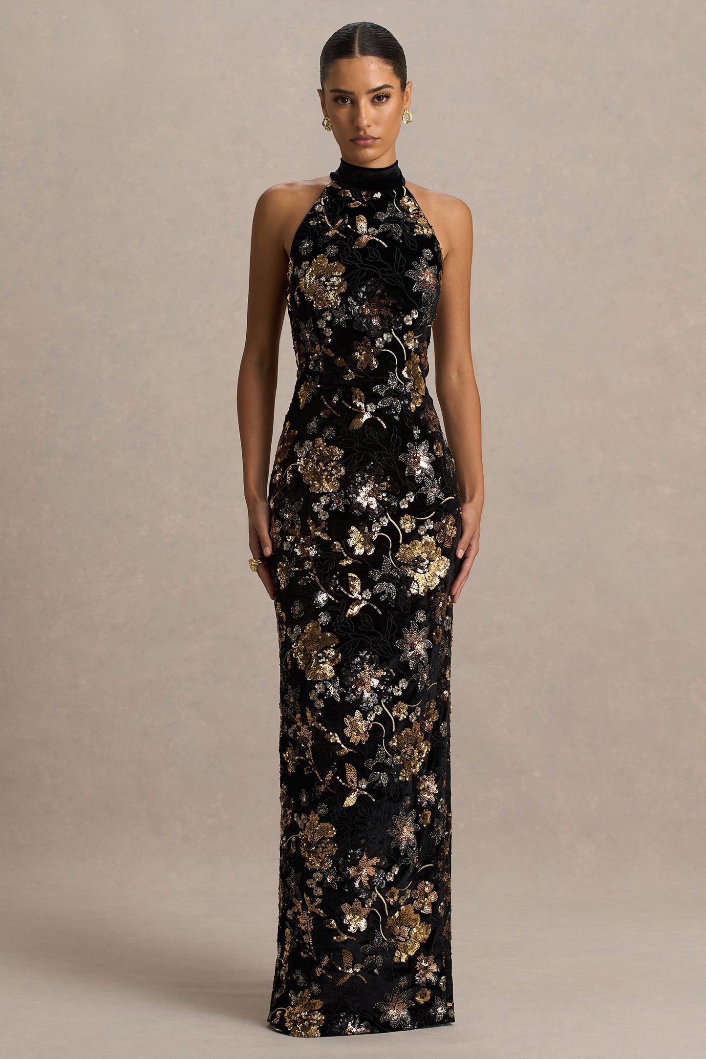 Tate | Black Velvet Halter-Neck Maxi Dress With Bronze Floral Sequin